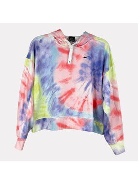 Nike Tie Dye Cropped Oversize Hoodie Womens Small Pink Blue Yellow Long Sleeve